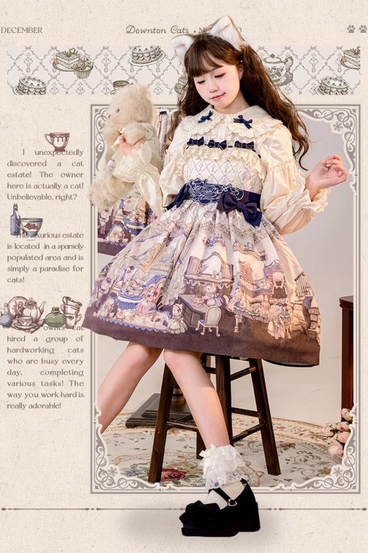 Multi-Color Cat Manor Print Embroidery Bowknot Sweet Lolita JSK Dress