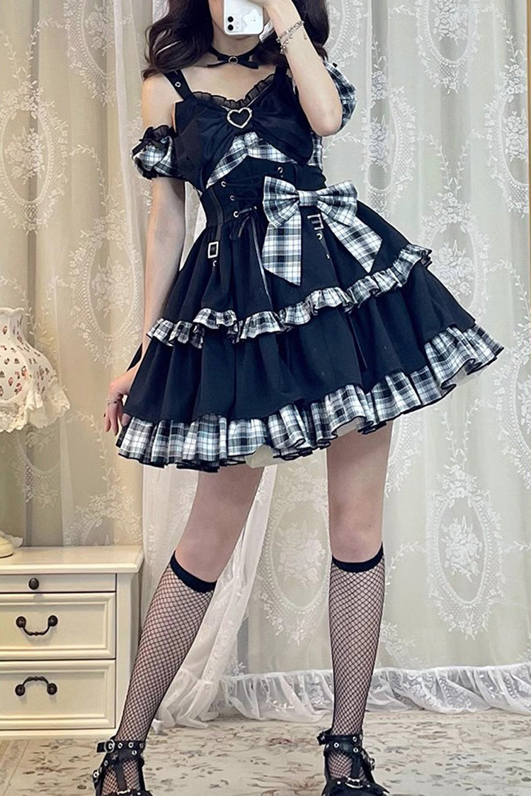 Black/White Plaid Print Color Contrast Leather Buckle Bowknot Ruffle Gothic Lolita JSK Dress