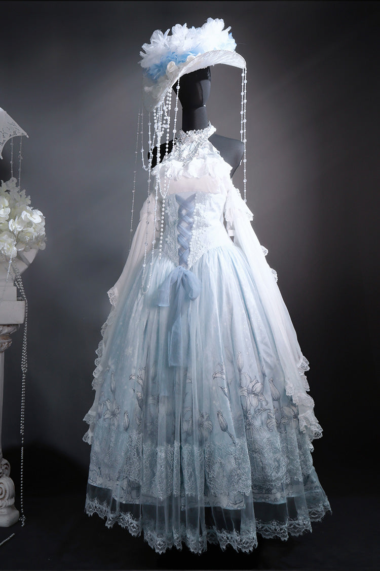 Blue [Snow Lily] Print Ruffle Hanayome Embroidery Bowknot Lace-Up Sweet Elegant Princess Lolita Skirt Set