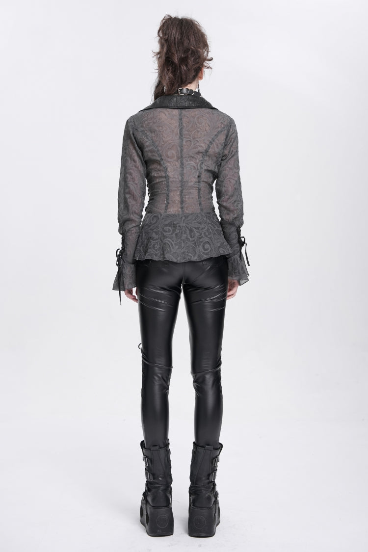 Black Long Sleeves Embroidery Lace-Up Irregular Sheer Women's Gothic Blouse