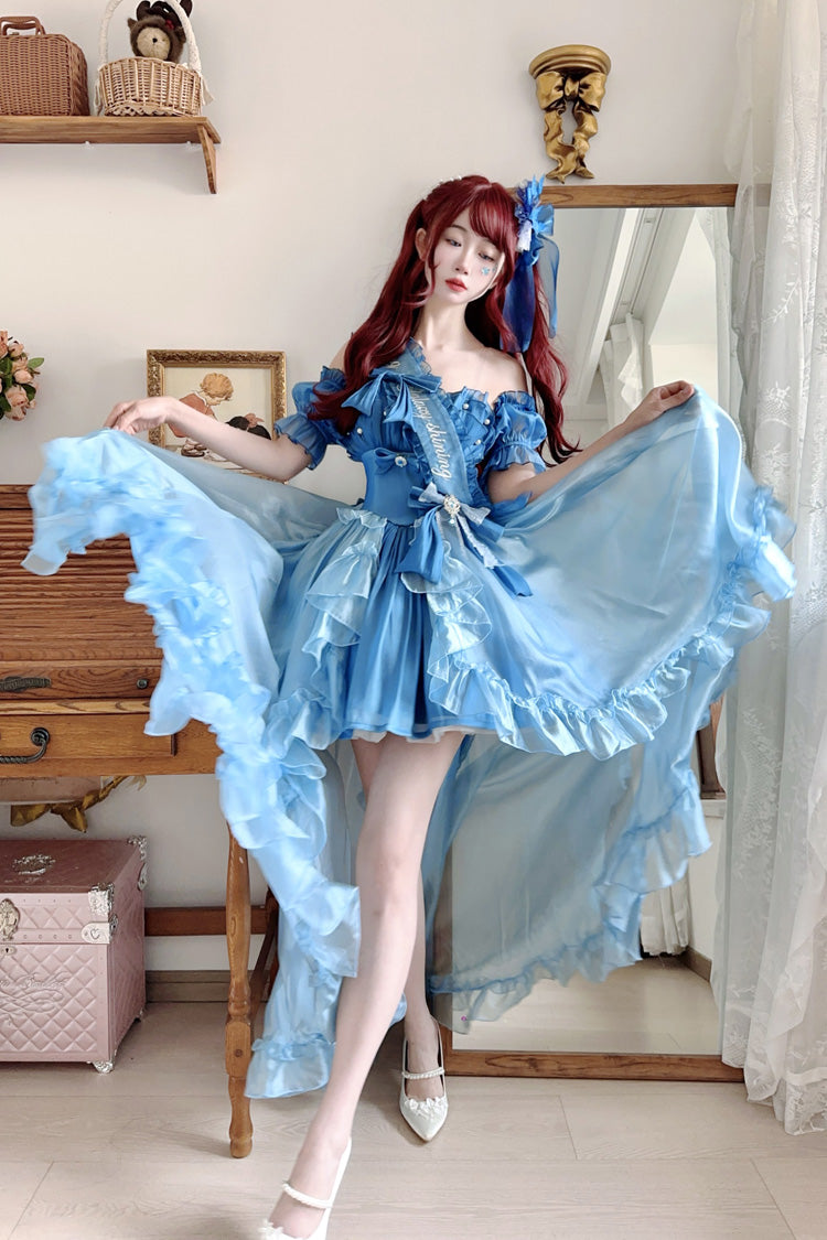 Bleu [Princesse Sirène] Volant Hanayome Nœud Papillon Doux Élégant Lolita Jsk Ensemble de Robe 