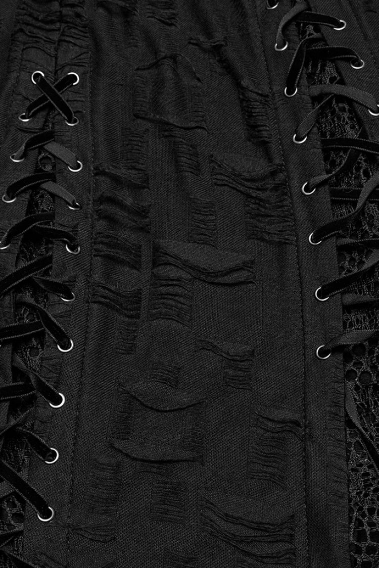 Black Sleeveless Lace Irregular Ripped Women's Gothic Party Slip Dress