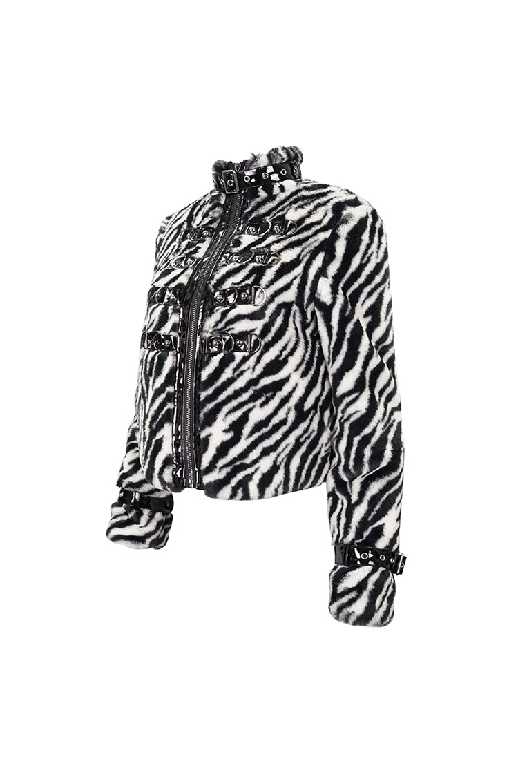 ブラック/ホワイト ストライプ デザイン光沢のあるベルト D 型バックル装飾パッド入り女性のパンク ジャケット