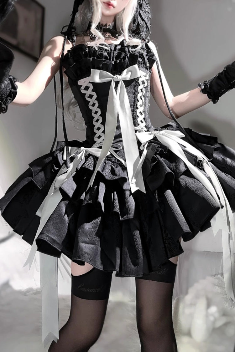 [Thousand Paper Cranes] Sleeveless Multi-Layered Ruffle Bowknot Lace-Up Fishbone Gothic Lolita Jsk Dress 4 Colors