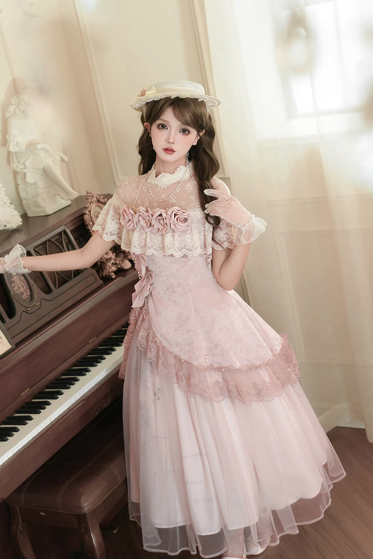 Ensemble de robe Lolita élégante et douce asymétrique en dentelle avec nœud de broderie à volants rose [Poèmes de Rose] 