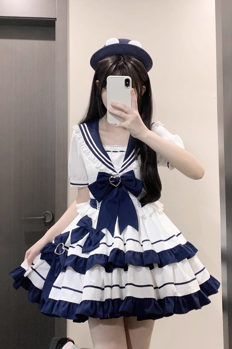 Dark Blue Navy Style Short Sleeves Double Layer Ruffle Bowknot Lace Sweet Lolita Dress