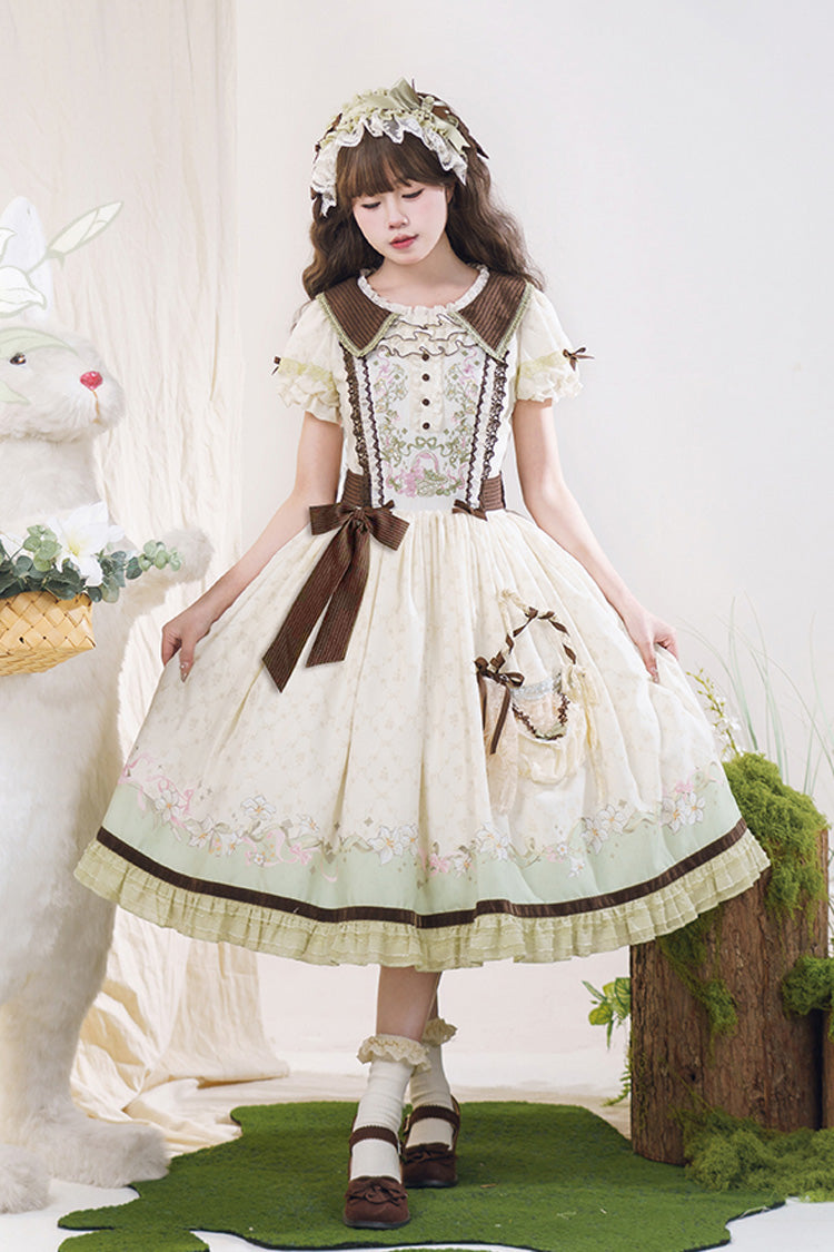 Robe Lolita Douce Élégante Verte/Ivoire [Lily] à Manches Courtes avec Imprimé, Volants, Broderie, Nœud Papillon et Dentelle 