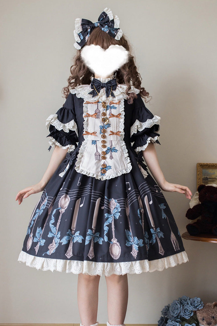 Dark Blue [The Witch’s Banquet] Round Collar Short Sleeves Printed Ruffled Embroidered Bow Lace Sweet Lolita Jsk Dress