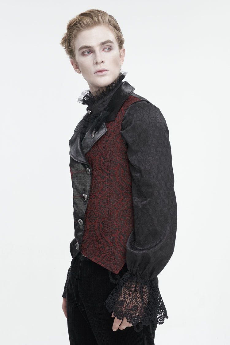 Black/Red Embossed Feather Men's Gothic Waistcoat