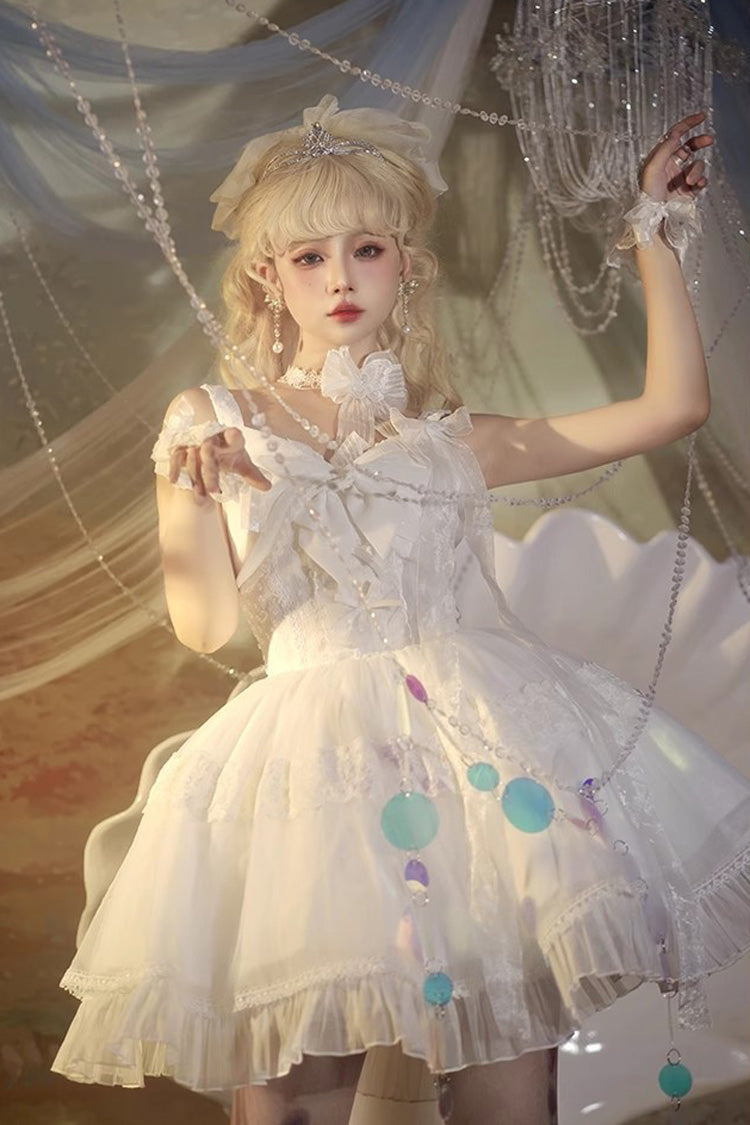 White [Bright Moonlight] Sleeveless Ruffle Bowknot Lace Lace-Up Sweet Elegant Lolita Jsk Dress