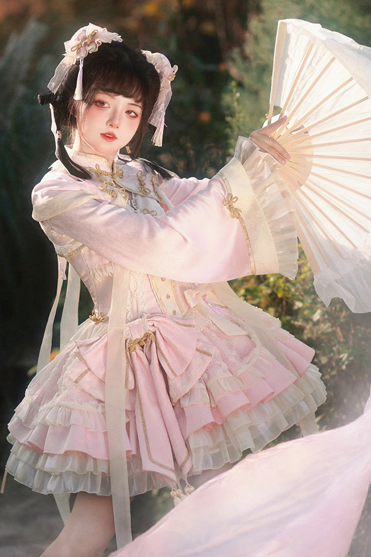 Rosa-weißes Pear Dream Mehrlagiges Rüschen-Spitzenkleid im chinesischen Prinzessinnen-Stil mit Lolita-JSK-Kleid