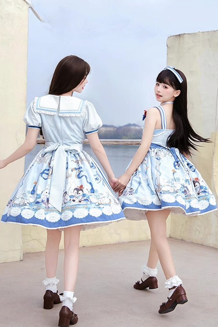 Blue [Penguin Navy] Print Ruffle Bowknot Sweet Princess Lolita Jsk Dress