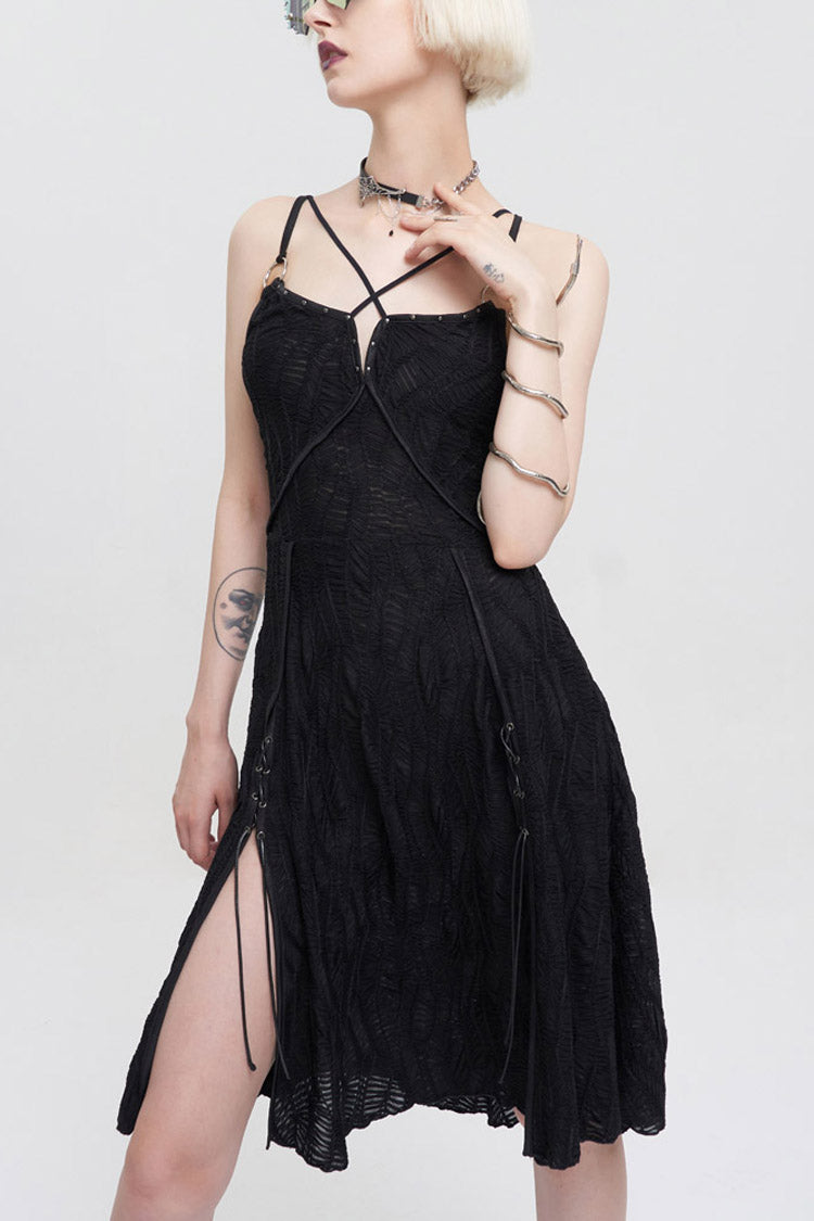 Black Punk Suspenders Slit Hem Wave Stretch Fabrics Women's Dress