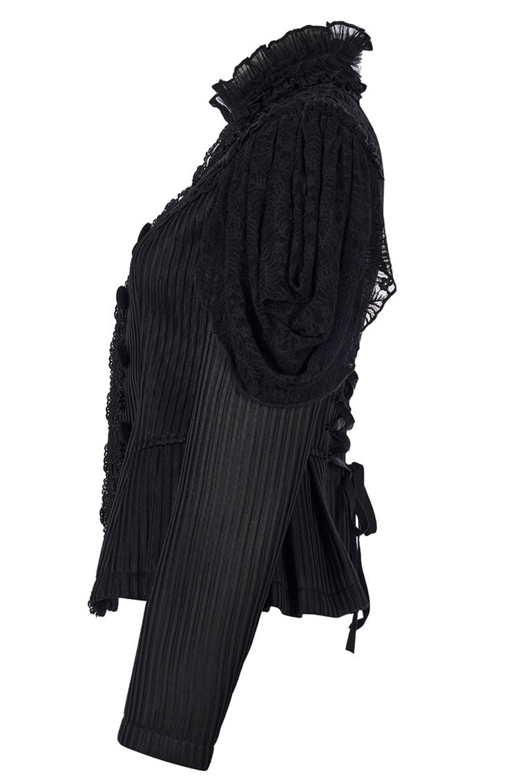 Black Gothic Lace Jacquard Double Row Velvet Button Metal Zip Back Lace Up Women's Jacket