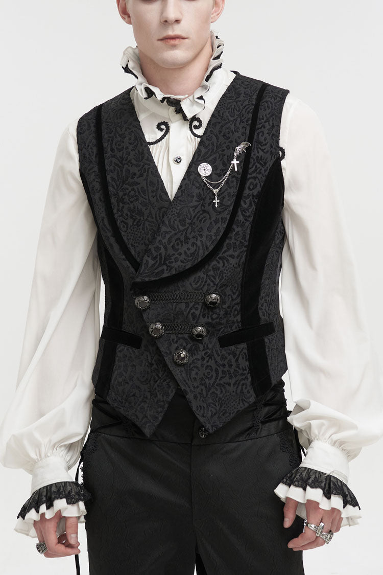 Black Slim Fit Retro Jacquard Chest Metal Chain Cross Men's Gothic Vest
