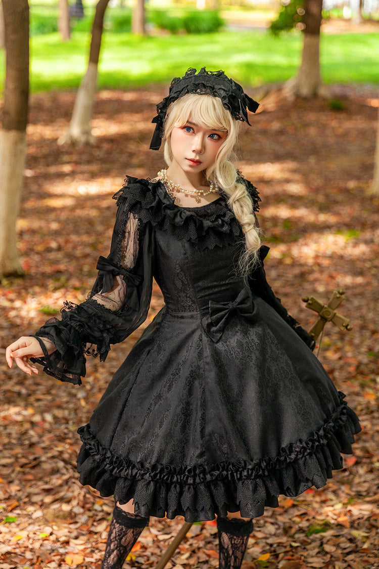 ブラック【フローラルカノン】ラウンドカラーノースリーブジャガードプリントフリルリボンゴスロリJSKドレス
