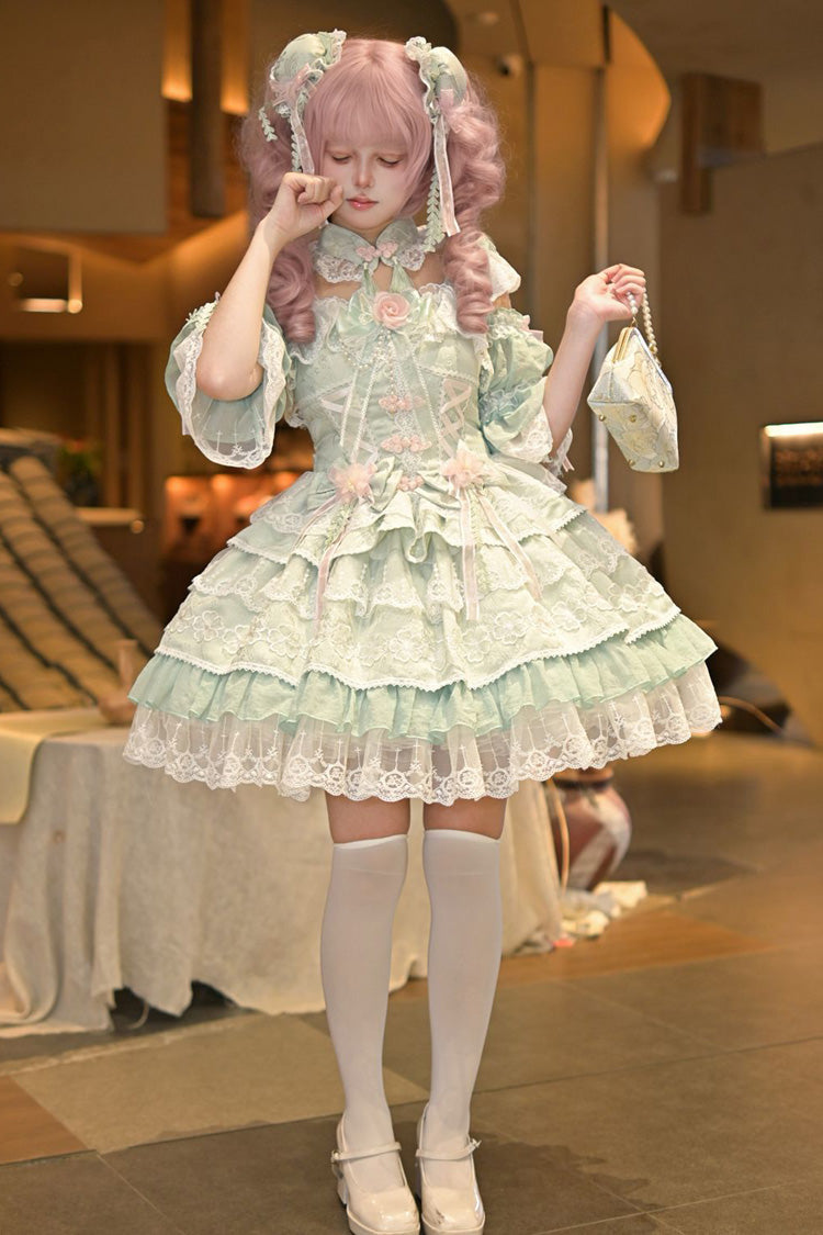 Grünes [Regen von Pfirsichen] Ärmelloses Mehrschichtiges Schleifen-Spitzen-Süßes Chinesisches Lolita Jsk Kleid 