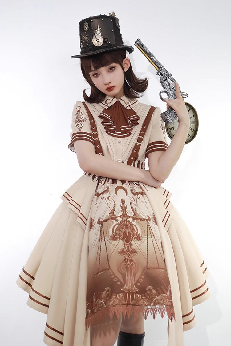 Brown Short Sleeves Libra Print Punk Vintage Lolita Dress