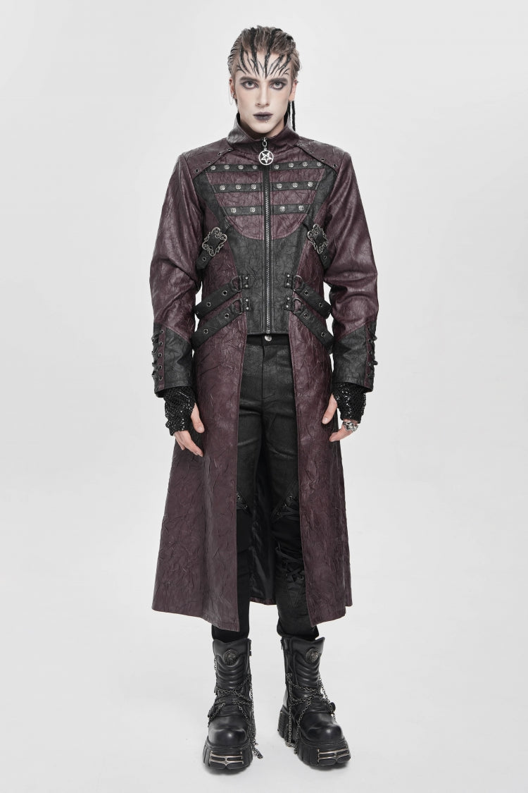 Red Stand Collar Zipper Straps Eyelet Men's Punk Coat