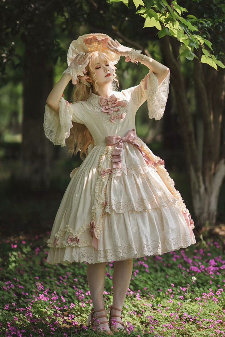 Ivory [Lilica Garden] Lapel Collar Short Trumpet Sleeves Ruffled Open-Front Bow Lace Sweet Elegant Luxurious Lolita Dress