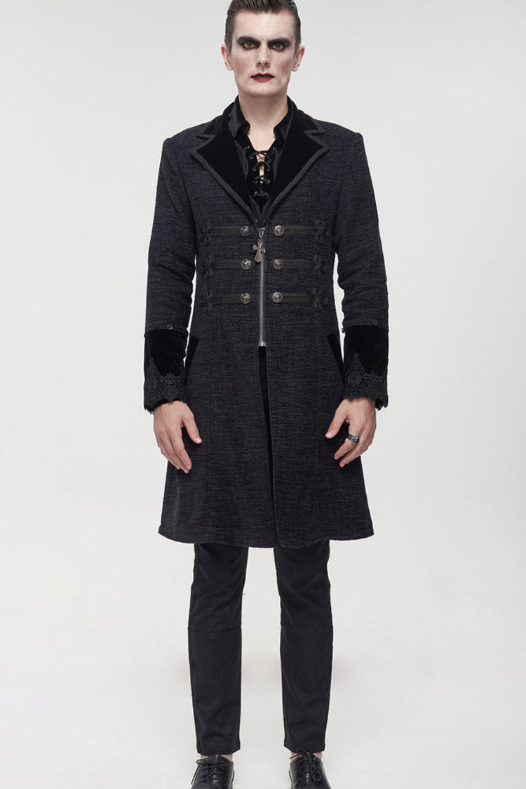 Black Gothic Vintage Button Decoration Removable Fur Collar Men's Coat