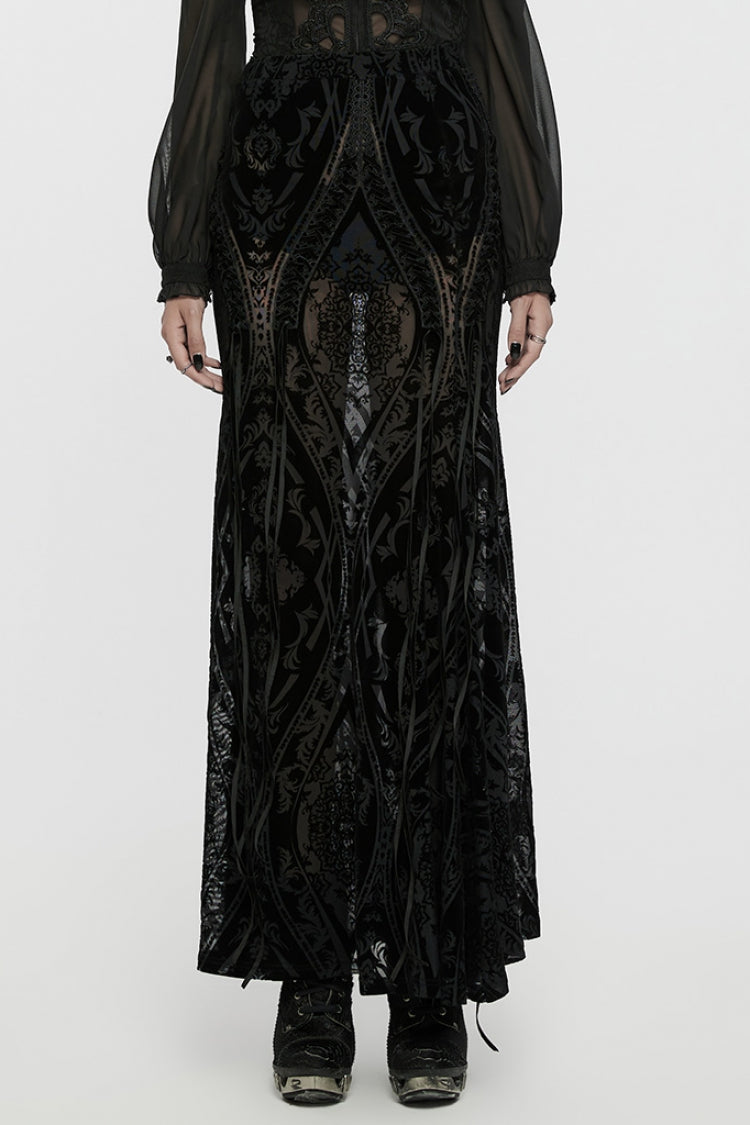 Black Embroidery Lace-Up Sheer Mesh Women's Gothic Skirt