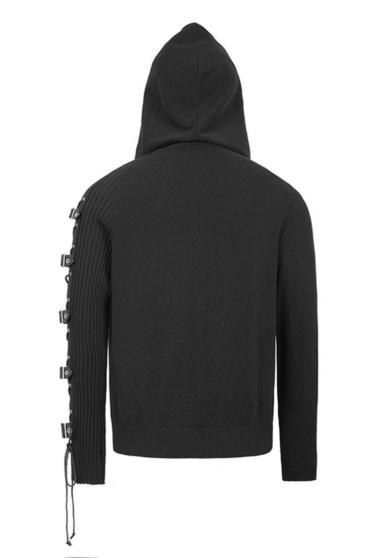 Black Asymmetrical Sleeves Leather Loop Lace-Up Hooded Men's Punk Sweater