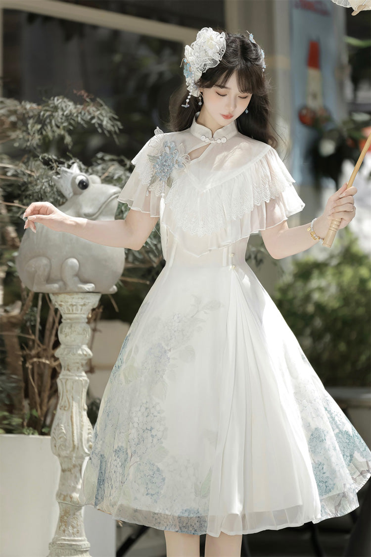 Blanc [Message Hydrangea] Manches courtes Imprimé Volant Dentelle Doux Style chinois Élégant Robe courte Lolita 