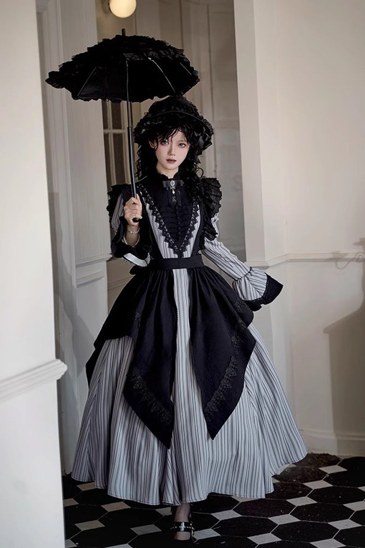 Light Grey [Nocturne] Vertical Stripes Print Ruffle Bowknot Lace Gothic Lolita Dress 2 Versions
