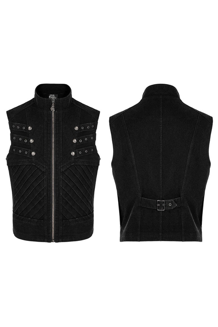 Black Punk Apocalyptic Stand Collar Twill Metal Skull Zip Men's Vest