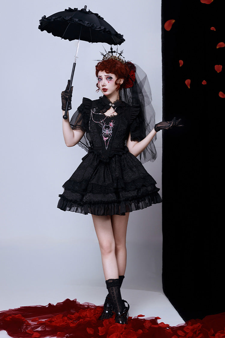 Black Sleeveless Spider Embroidery Bowknot Lace Gothic Princess Lolita Skirt Two-piece Set