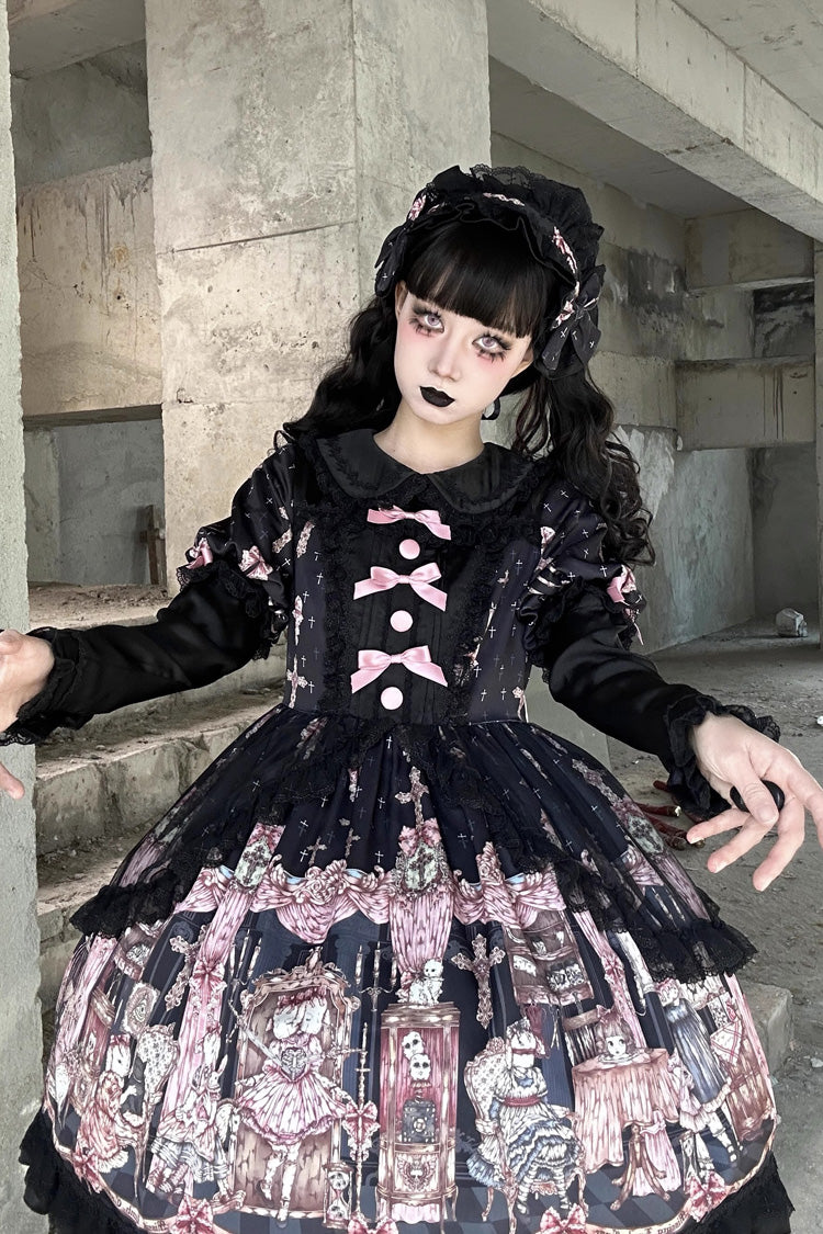 Noir [Le Cas de l'Agneau Disparu] Imprimé Manches Longues Volants Nœud Papillon Dentelle Robe Gothic Lolita 