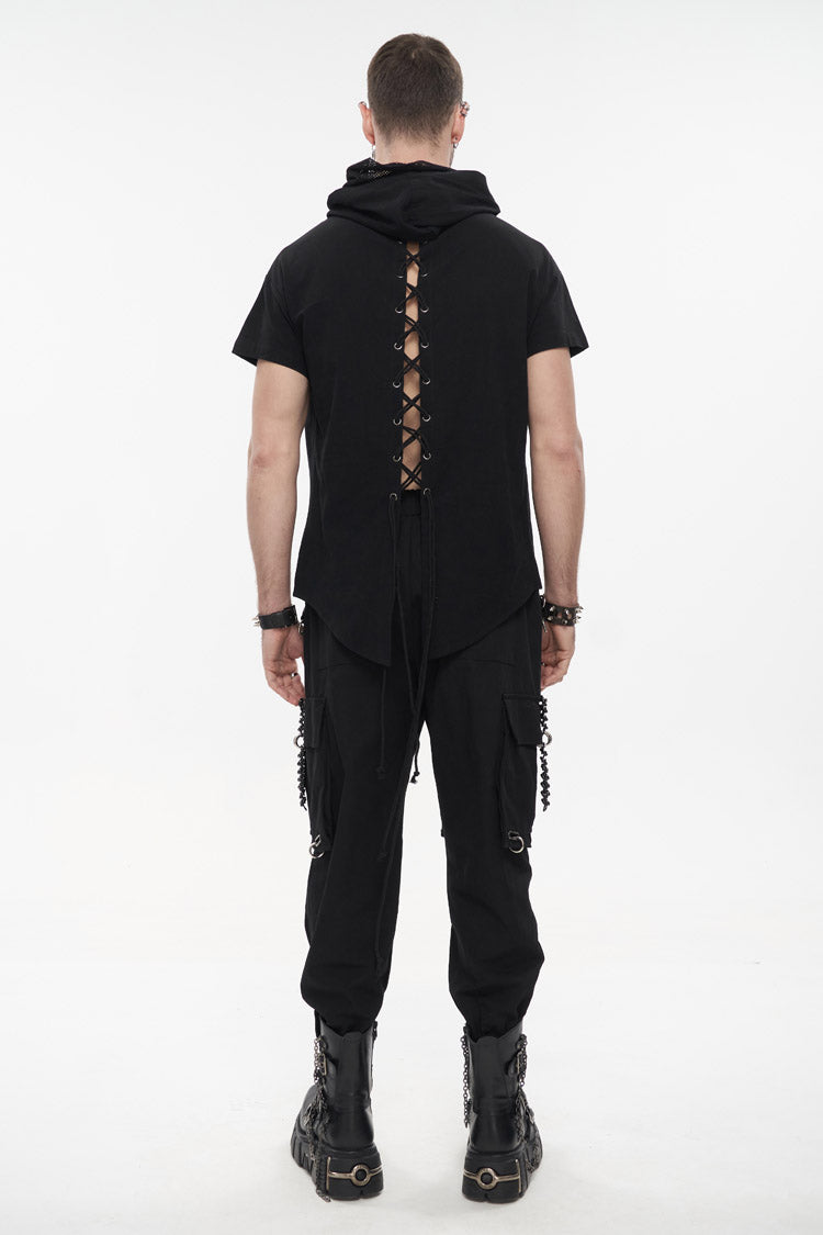 Black Hooded Mesh Splice Zipper Back Openwork Lace-Up Casual Short Sleeve Men's Punk T-Shirt