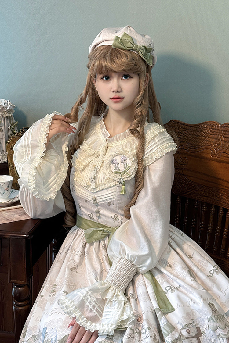 [Iris Study] V-Kragen Ärmellos Print Schleife Spitze Süßes Lolita Pullover Kleid 2 Farben