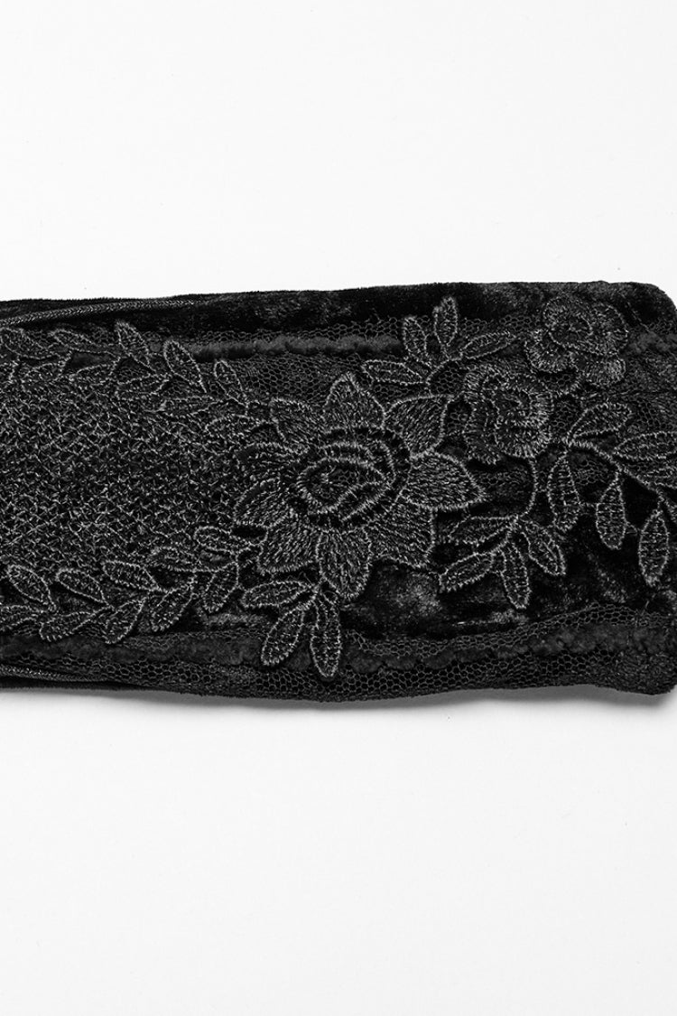 Black Floral Embroidery Lace-Up Women's Gothic Gloves