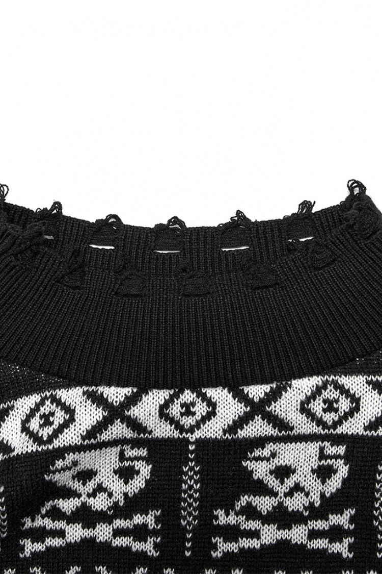 Black/White Stand Collar Long Sleeves Skull Deer Print Grunge Women's Gothic Loose Sweater