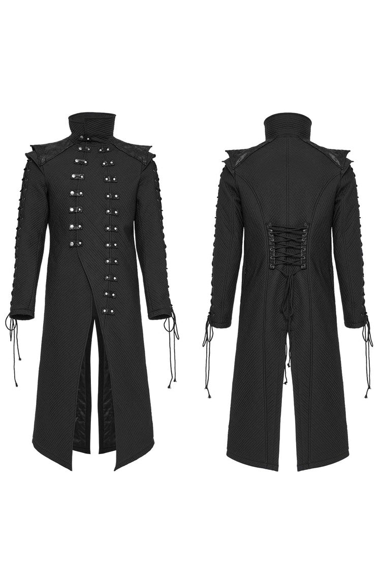 Black Horizontal Stripes Print Stitching Side Eyelet String Decoration Mens Gothic Long Coat