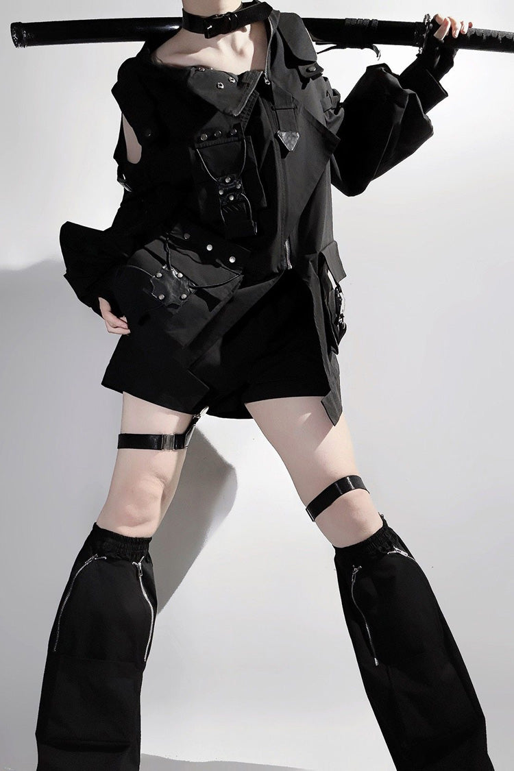 Black Techwear Long Sleeves Hooded Zippered Ouji Gothic Cool Lolita Set