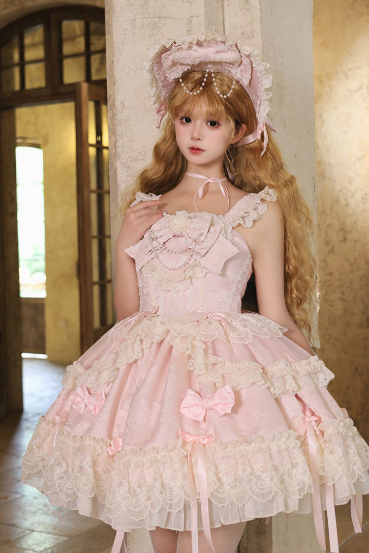 Pink [Blossoming Heart Love ] Sleeveless Dark Jacquard Print Bowknot Lace Sweet Lolita Jsk Dress