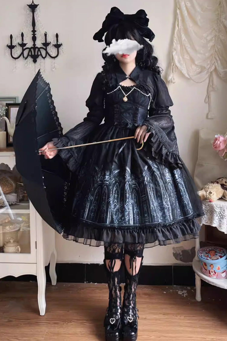 Black Sleeveless Church of Silent Night Print Ruffle Gothic Lolita Jsk Dress