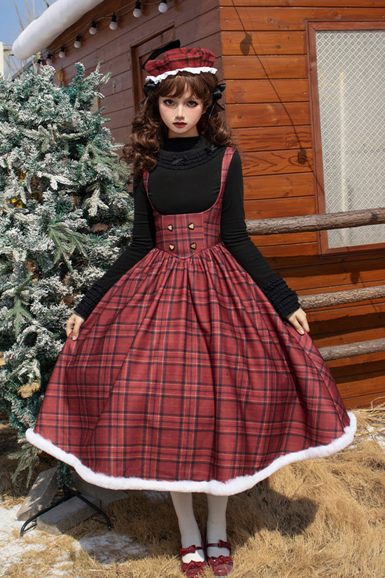 Red Striped Plaid Print Fall Winter Fishbone Sweet Corset Lolita Dress 2 Versions