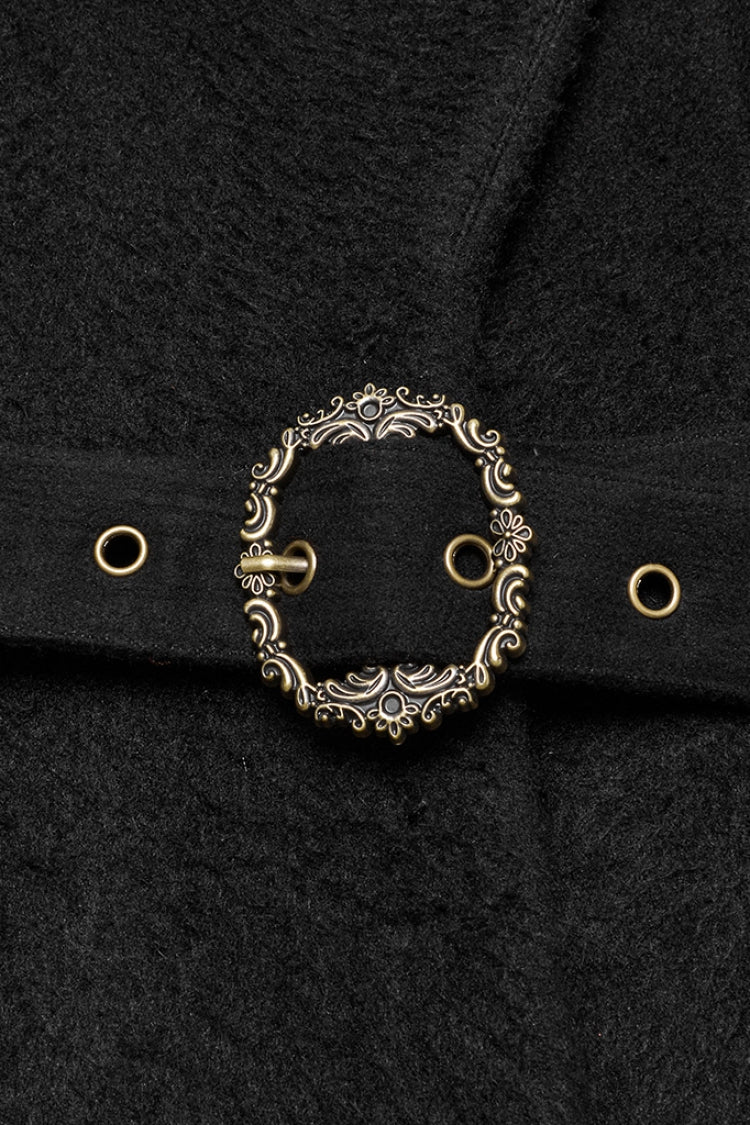 Black Long Sleeves Studded Floral Embroidery Faux Fur Stitching Women's Gothic Coat
