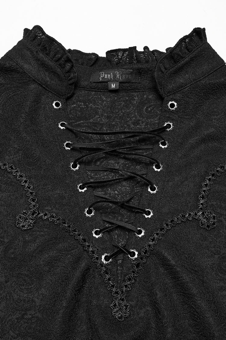 Blouse gothique pour homme noir à col en V, manches longues, broderie jacquard 