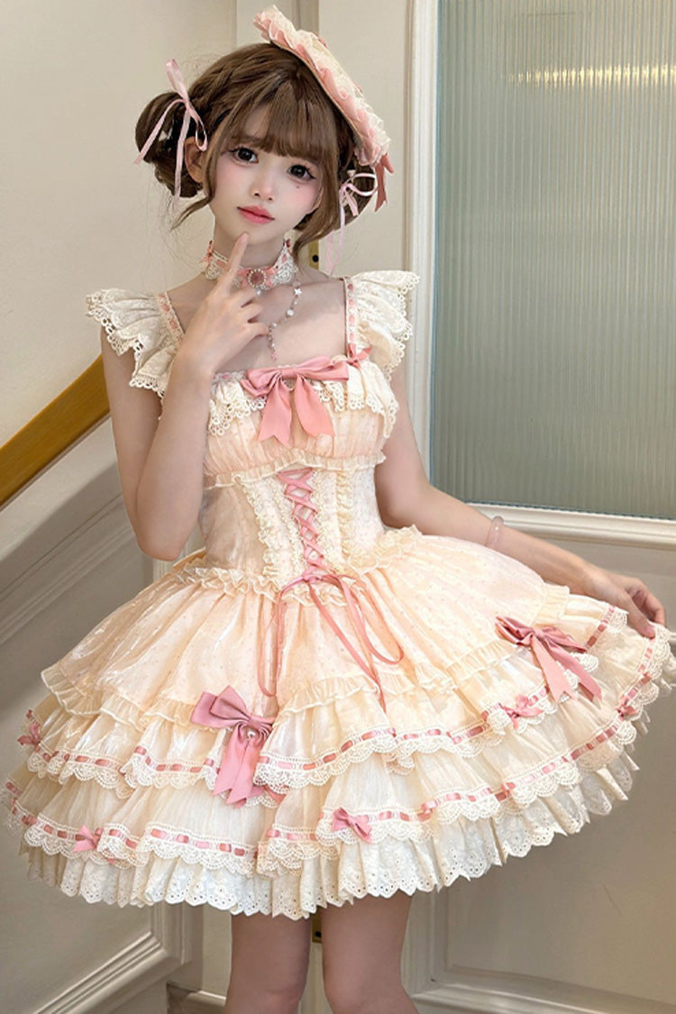 Abricot [Flory Butterfly] Robe Jsk Lolita Ballet Doux à Volants Doubles avec Nœud Papillon et Dentelle à Lacets 