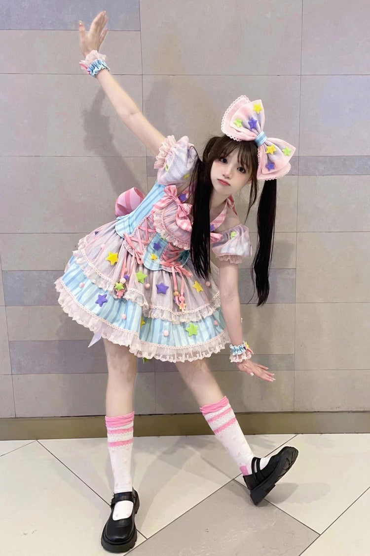 Blue/Pink Magical Girl Short Sleeves Ruffle Bowknot Stars Sweet Princess Lolita Dress