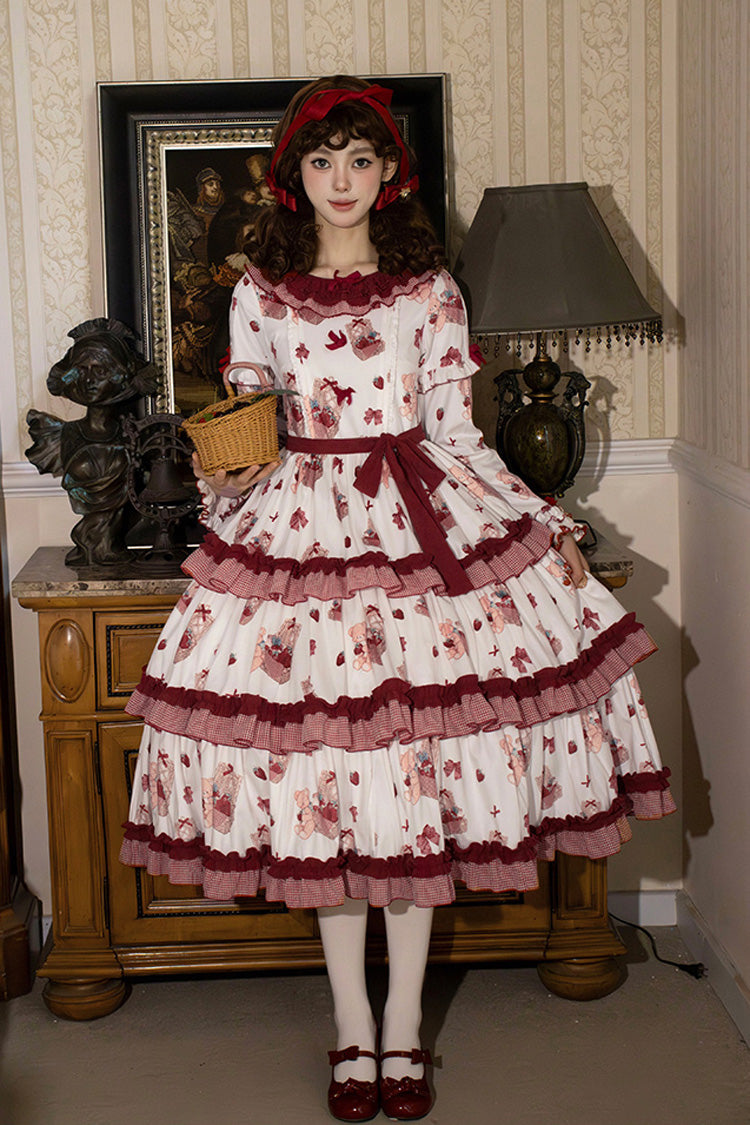 White/Pink [Bell Strawberry Farm] Print Long Sleeves Triple-Layered Ruffle Sweet Lolita Dress