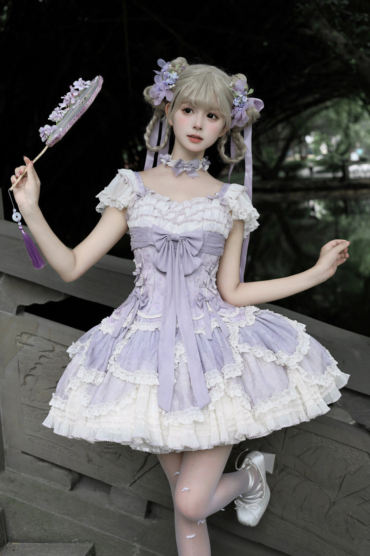 Purple [Floral Dream] Short Sleeves Multi-Layered Ruffle Embroidery Bowknot Lace-Up Sweet Elegant Ballet Lolita Jsk Dress