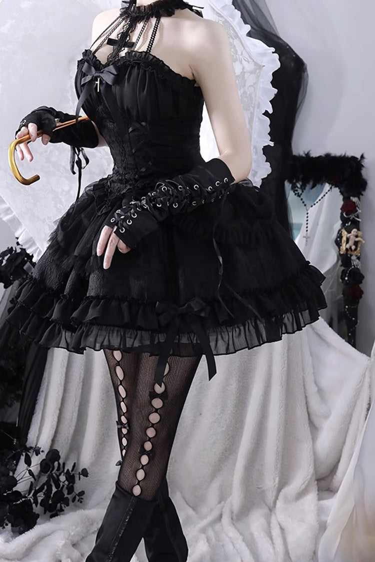 Dark Black Tube Top Sleeveless Blowknot Ruffled Gothic Lolita Tiered Dress