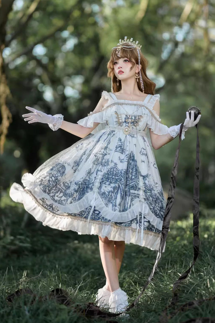 White [Castle Feast] Print Ruffle Bowknot Gothic Princess Lolita Jsk Dress