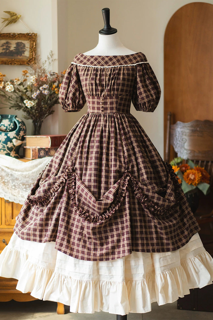 Dunkelrot [Waldpicknick] U-Boot-Ausschnitt, kurze Ärmel, bedruckter Hebesaum, gerüscht, klassisches Vintage-Elegantes Lolita-Kleid